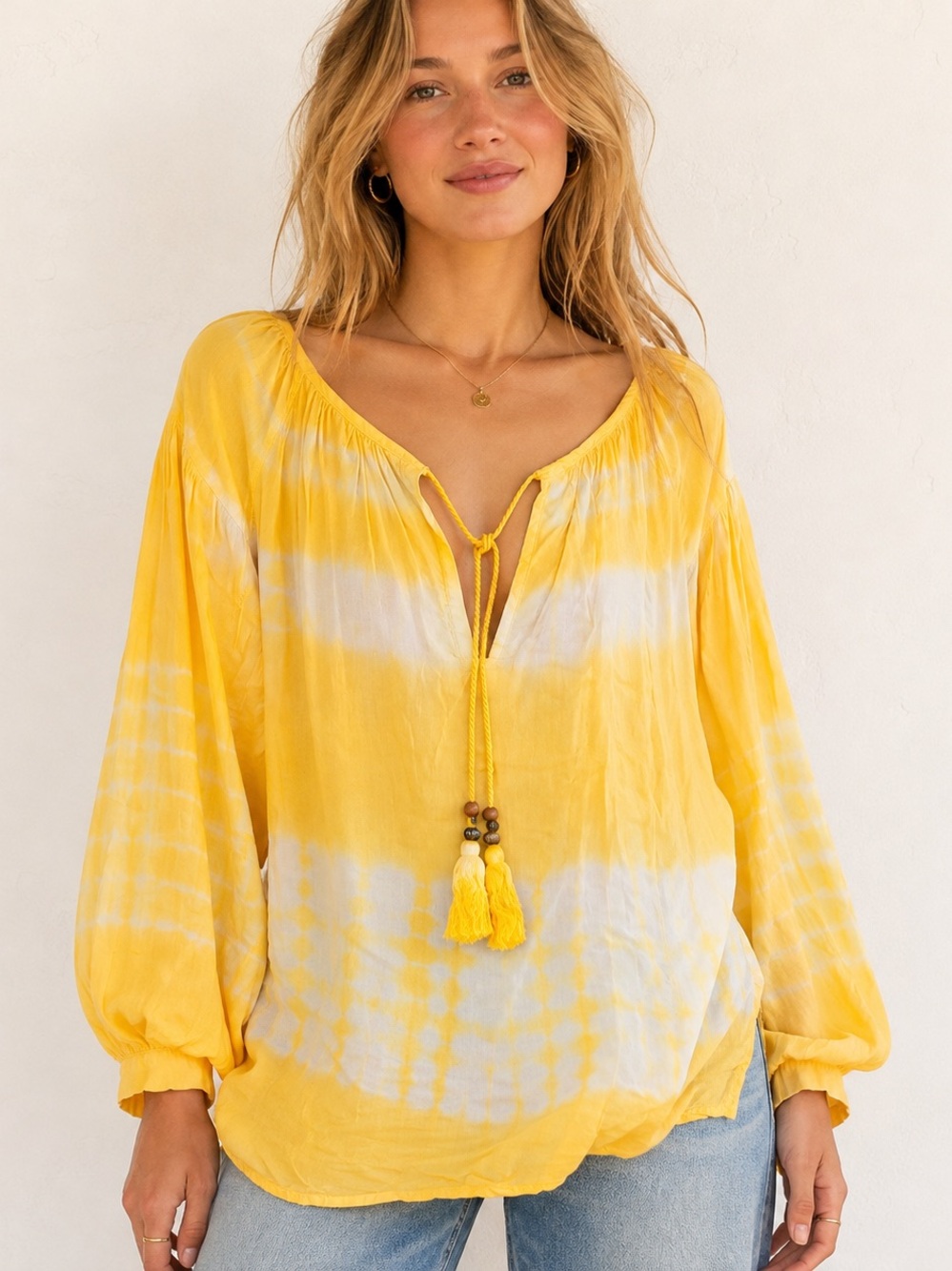 Yellow White Tie Dye Oversized Boho Balloon Sleeve Blouse